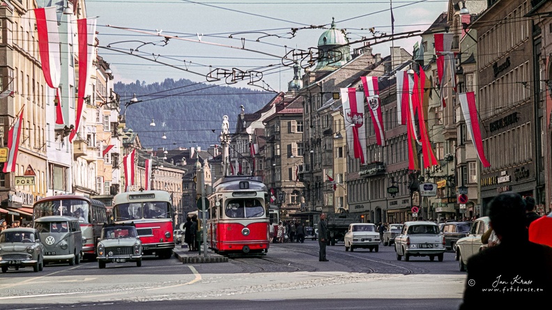 Maria Theresien Street in 1966, nowadays a shopping area closed for trafic. Behind the tram the St. Anne's Column (Annasäule) is visible, which on 26 July 1703 (St. Anne's Day) was erected in the centre of the Maria Theresien Street to commemorate the liberation of Tyrol from the Bavarian troops. Maria Theresien Street in Innsbruck showing St. Anne's Column (Annasäule) with tram, busses and cars