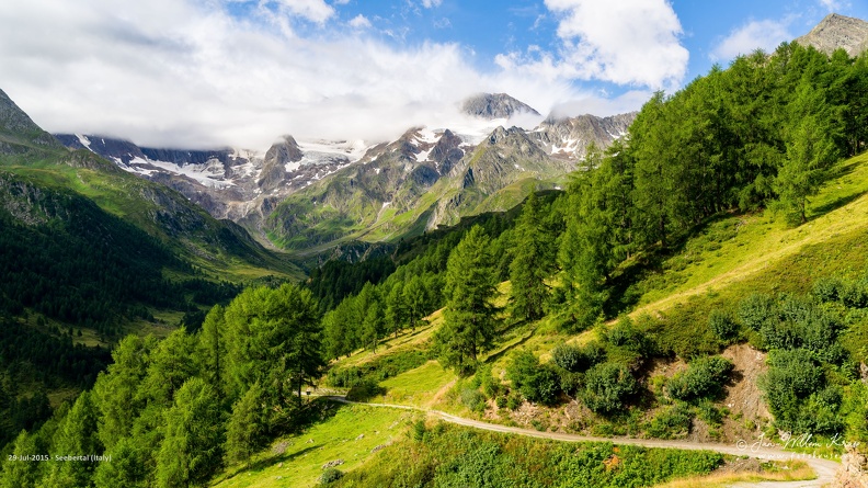 Seebertal (Italy) - GFK-20150729-D800-3653-wallpaper-16_9.jpg Green meadows and pine tree forest covered in the morning sun with high mountain peaks and glaciers in the background.