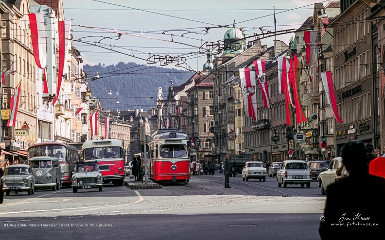 Maria Theresien Street in 1966, nowadays a shopping area closed for trafic. Behind the tram the St. Anne's Column (Annasäule) is visible, which on 26 July 1703 (St. Anne's Day) was erected in the centre of the Maria Theresien Street to commemorate the liberation of Tyrol from the Bavarian troops. Maria Theresien Street in Innsbruck showing St. Anne's Column (Annasäule) with tram, busses and cars