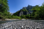Mountain peak Corne du Chamois (Chamois Horns, 2523m) seen from the river Le Giffre