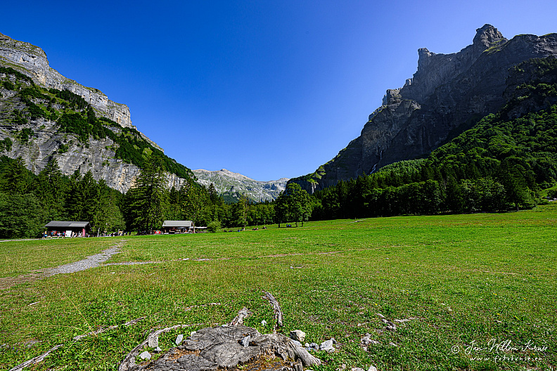 Mountain peak Corne du Chamois (Chamois Horns) rising high from the green meadow at Cirque du Fer à Cheval