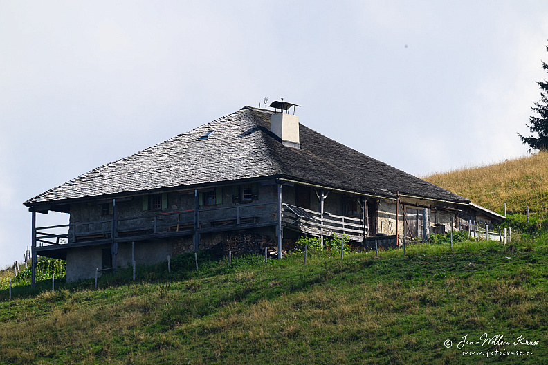 Traditional timber Alpine farmhouse with a broad shingled roof standing on a steep grassy slope.