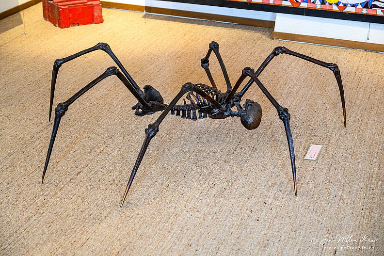 Full oblique side view of André Lassen's bronze Spider sculpture, its skeletal body suspended between eight long pointed legs.