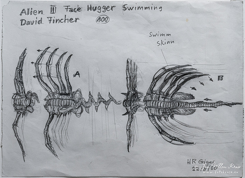 H.R. Giger drawing 100 comparing two top-view swimming configurations of the Alien III Face Hugger with webbed finger skin.